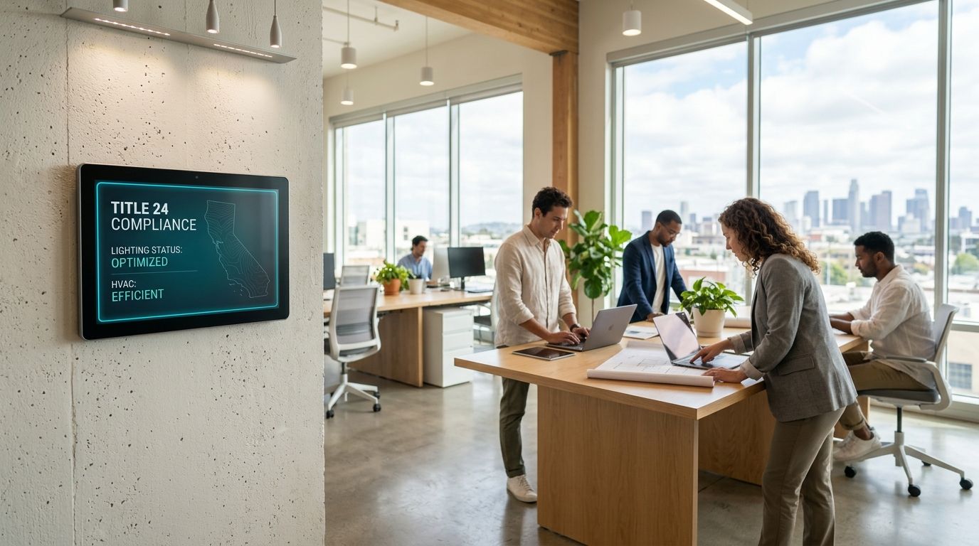A professional team collaborates in a modern office with a digital monitor displaying energy compliance metrics.