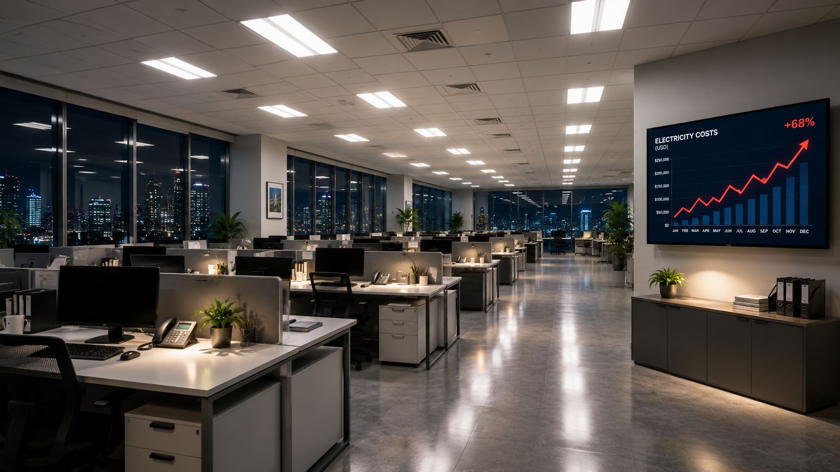 A modern office space at night featuring workstations and a screen displaying increasing electricity costs.