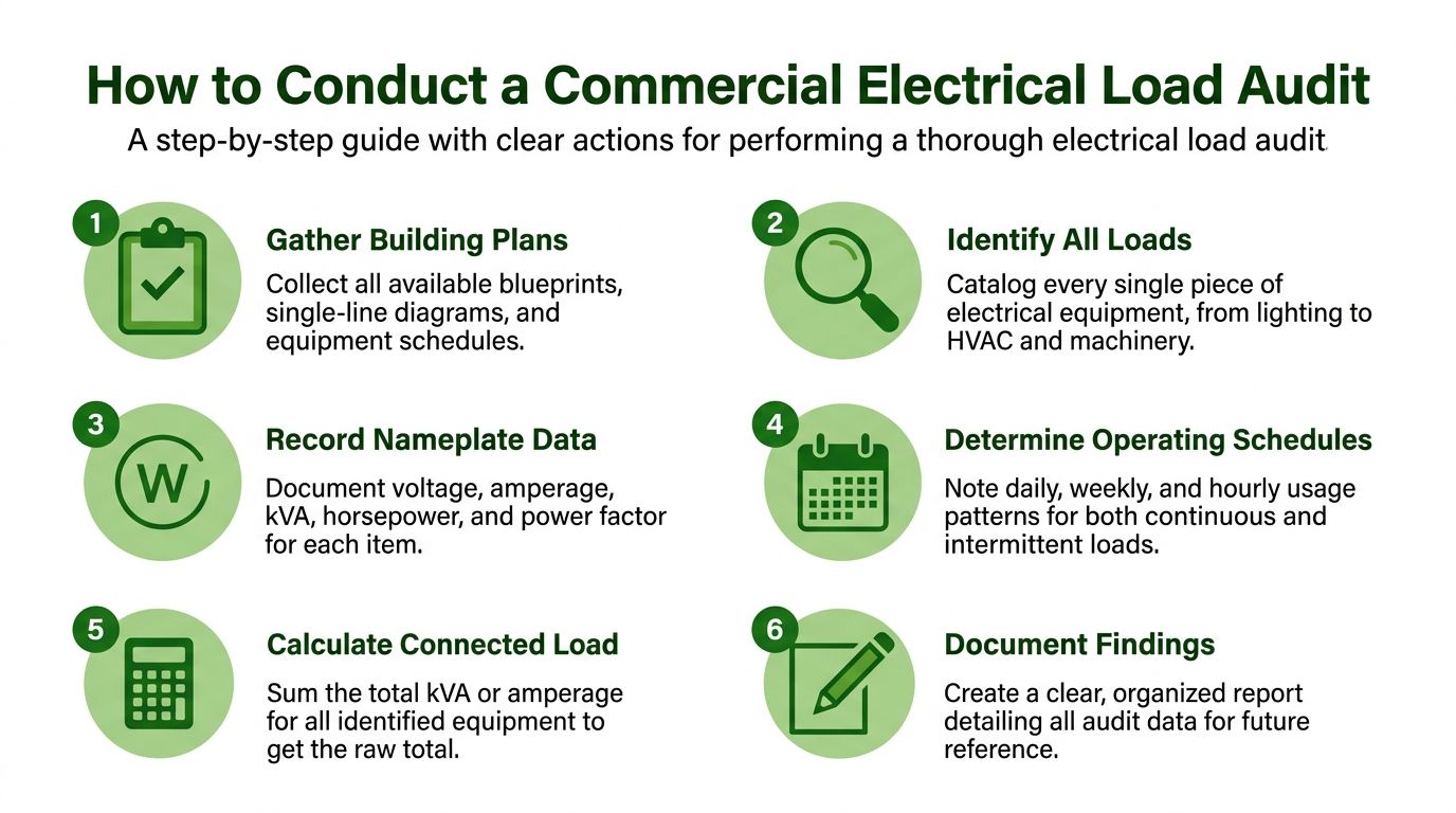 An infographic titled How to Conduct a Commercial Electrical Load Audit listing six sequential steps.