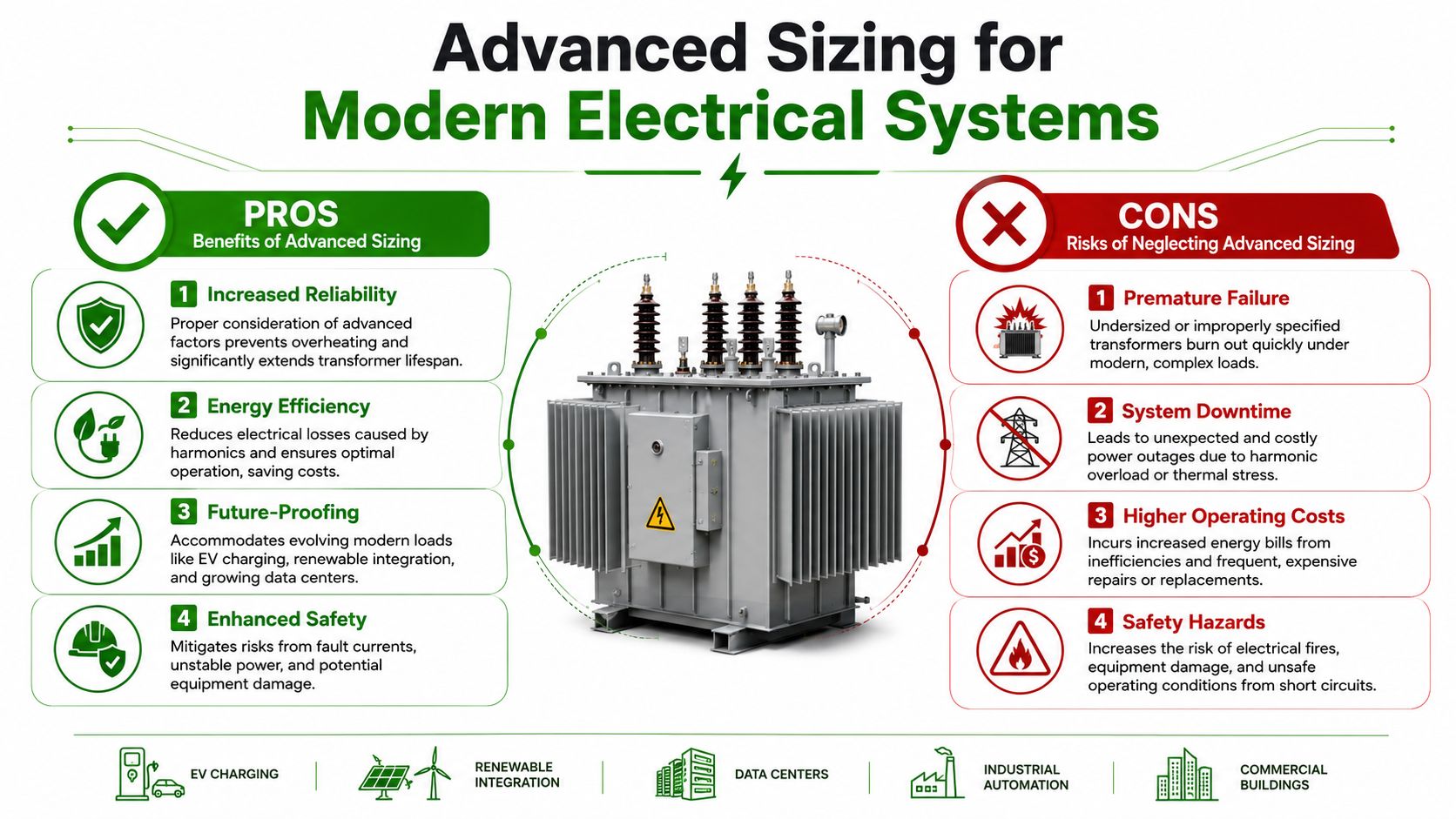An infographic titled Advanced Sizing for Modern Electrical Systems comparing benefits and risks of transformer sizing.
