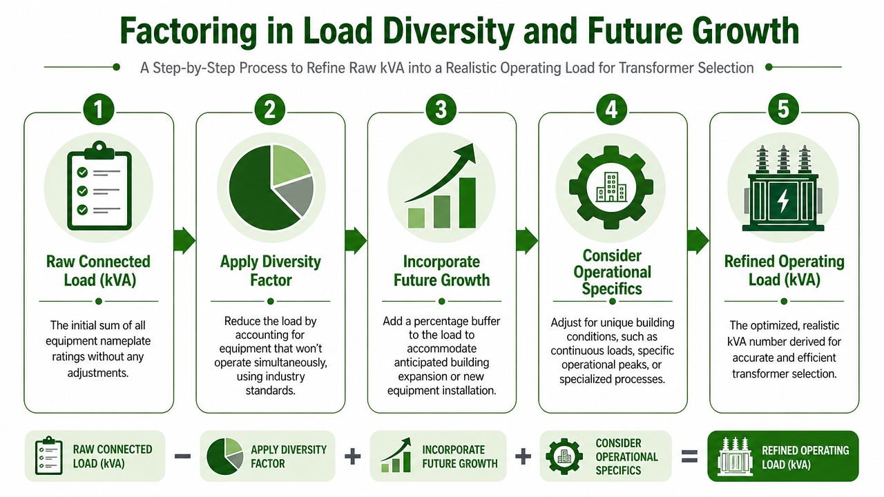 A five-step infographic illustrating how to calculate transformer size by factoring in load diversity and future growth.