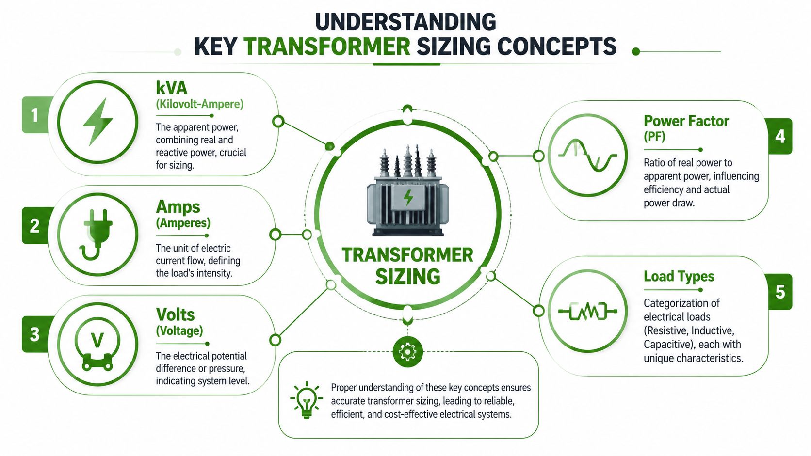 An infographic titled Understanding Key Transformer Sizing Concepts explaining kVA, Amps, Volts, Power Factor, and Load Types.