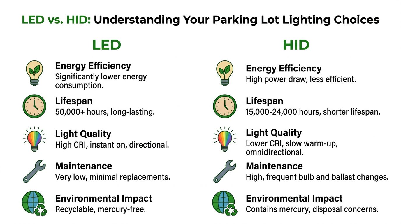 A comparison infographic between LED and HID lighting options for commercial parking lot lighting applications.