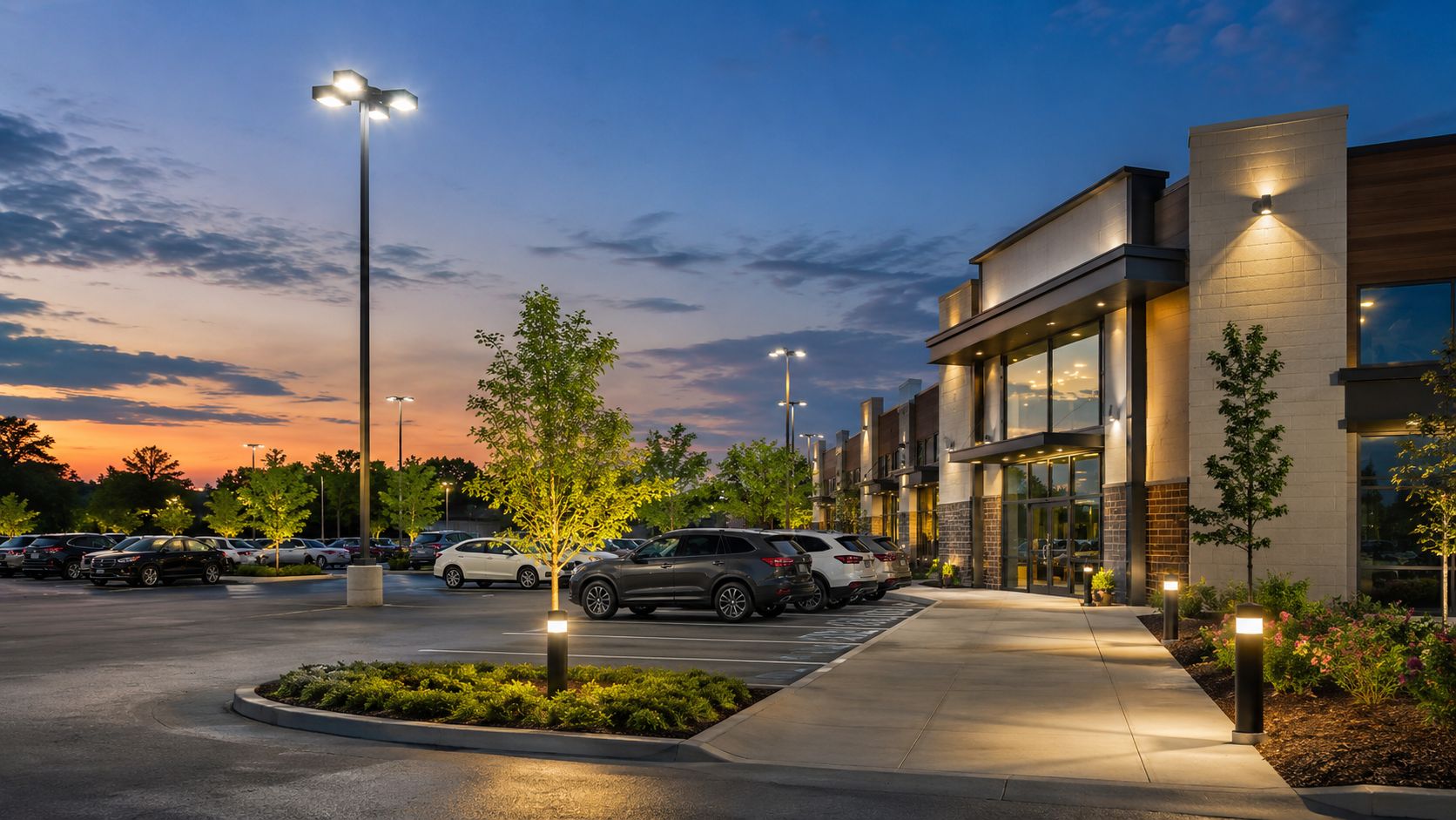 A modern commercial parking lot at dusk with well-lit building storefront and multiple LED lighting fixtures.