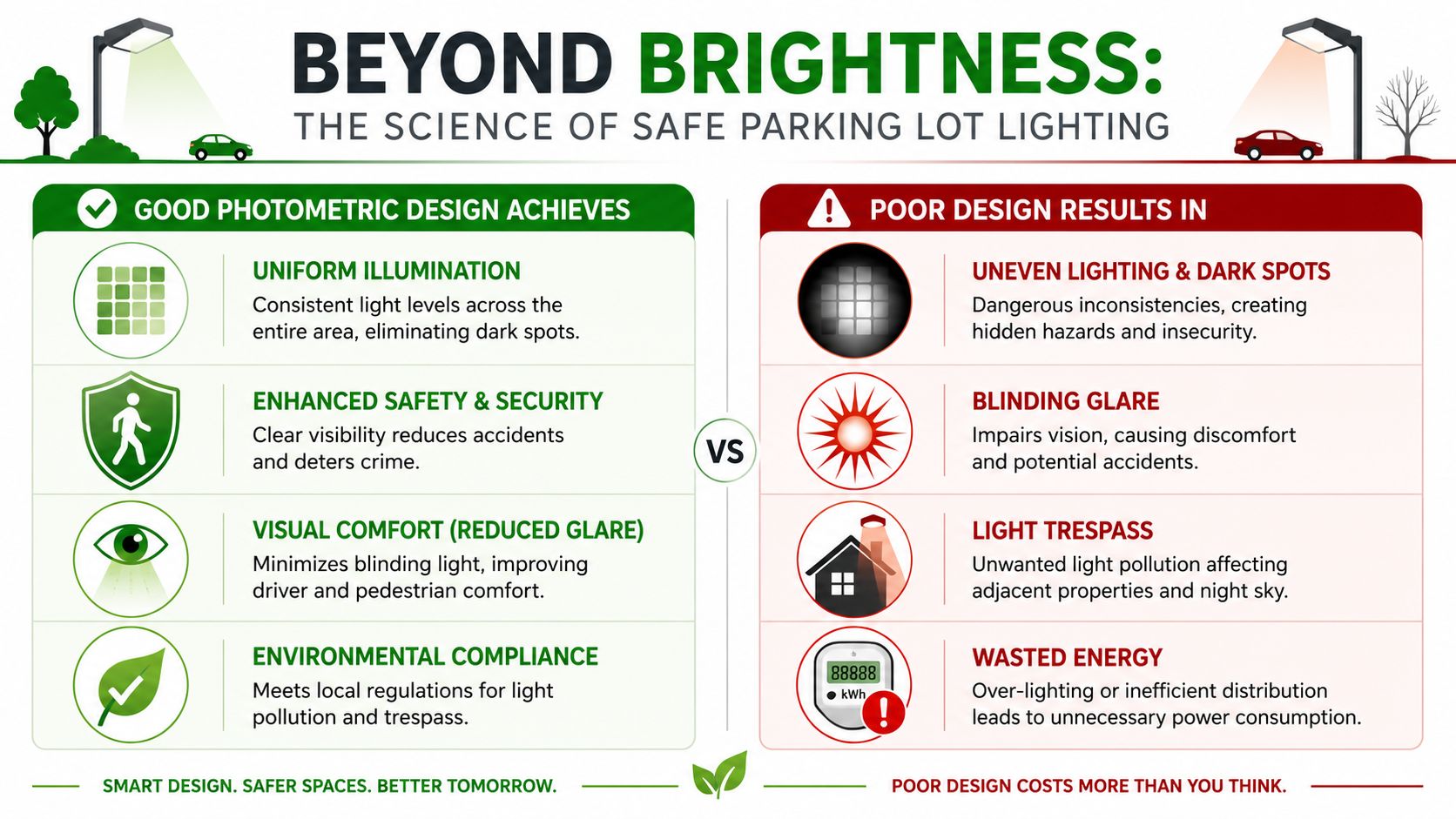 A comparison chart showing benefits of good photometric parking lot design versus the disadvantages of poor design.