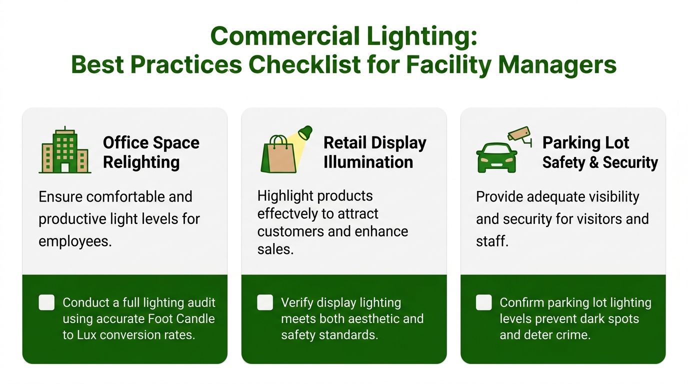 A checklist for facility managers highlighting best practices for commercial lighting in offices, retail, and parking lots.