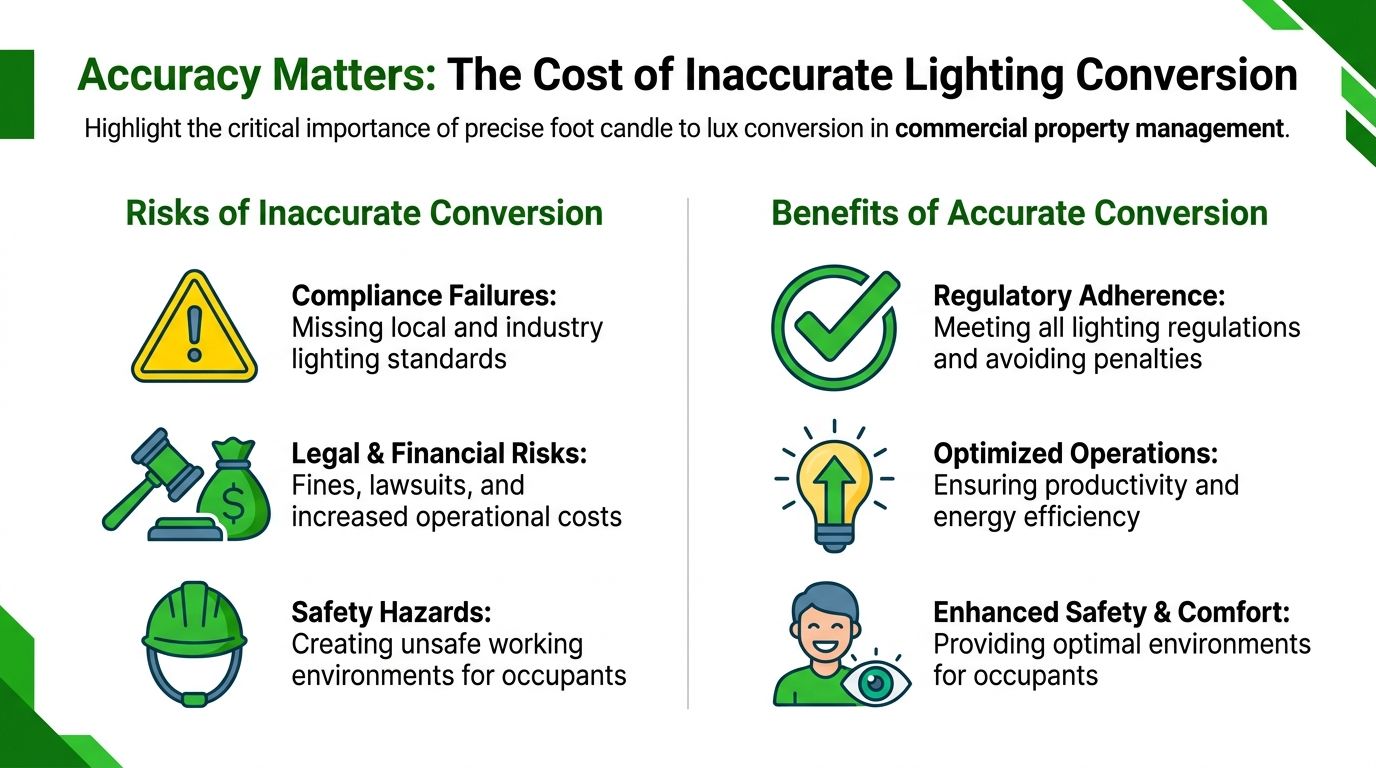 An infographic highlighting the importance of accurate foot candle to lux conversion for commercial property management.