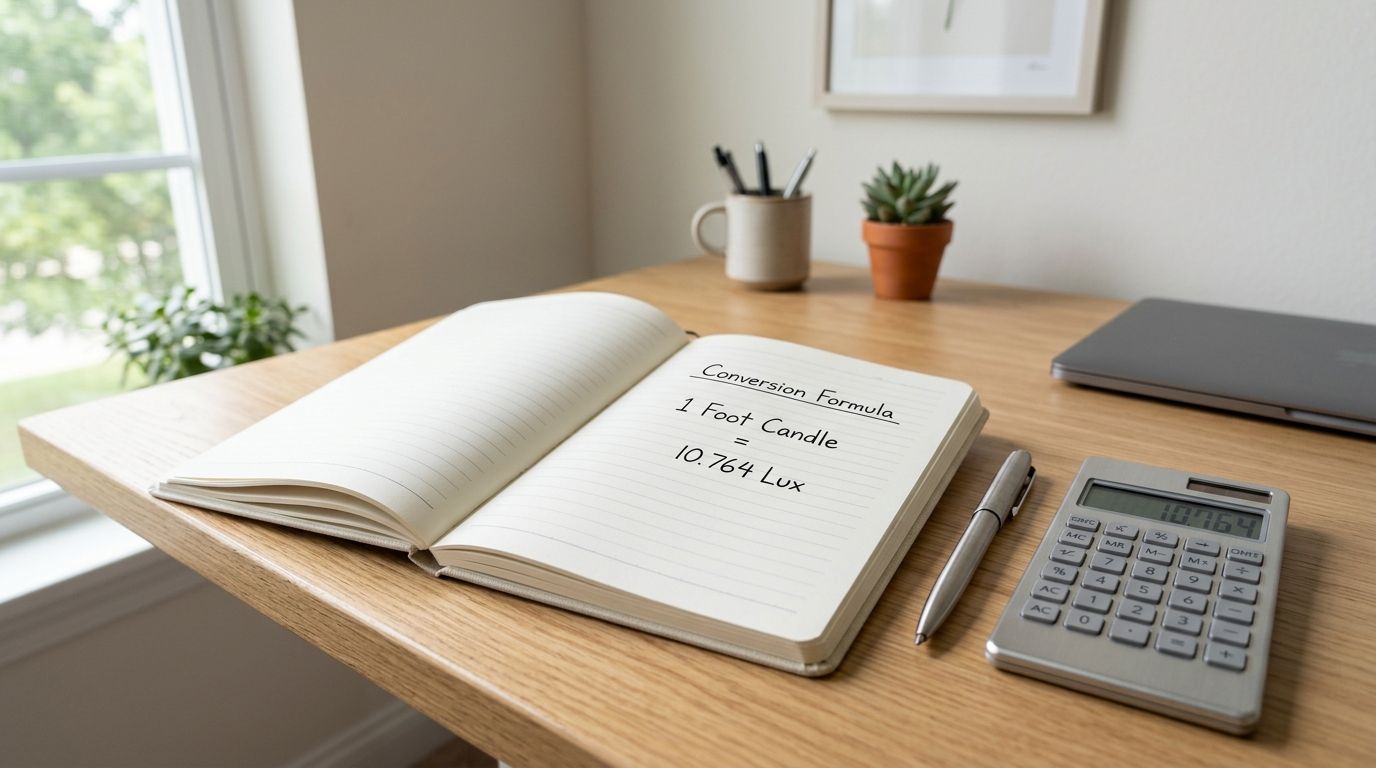 An open notebook on a wooden desk showing the conversion formula for foot candles to lux.