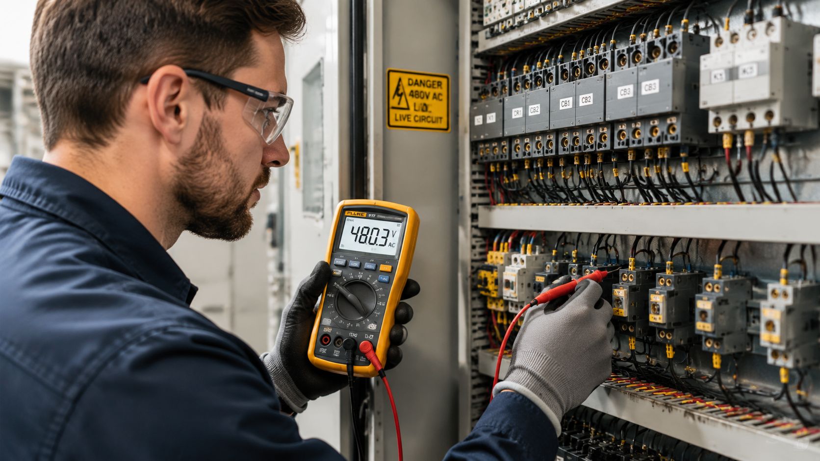 A professional electrician in safety gear measures electrical voltage in a circuit board with a digital multimeter.