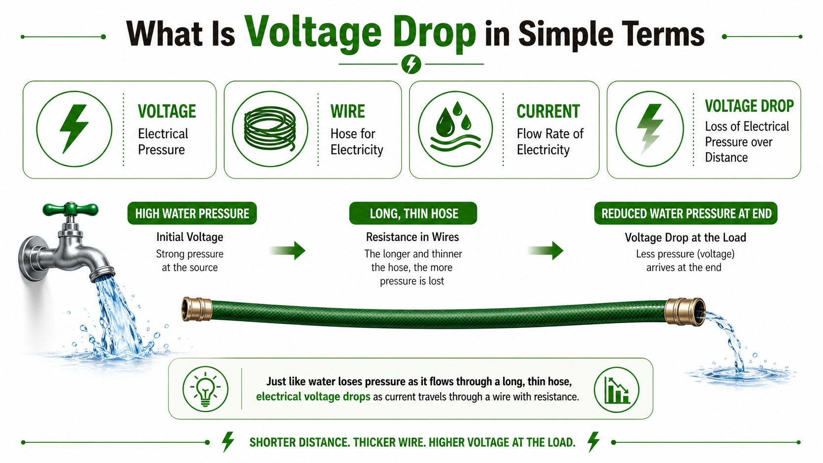 An infographic explaining electrical voltage drop using a water hose analogy to represent pressure loss.