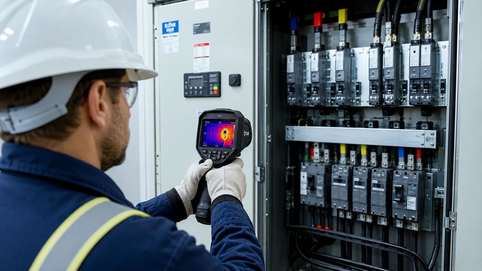 An electrical technician wearing safety gear inspects industrial electrical panel components using a handheld infrared thermal camera.