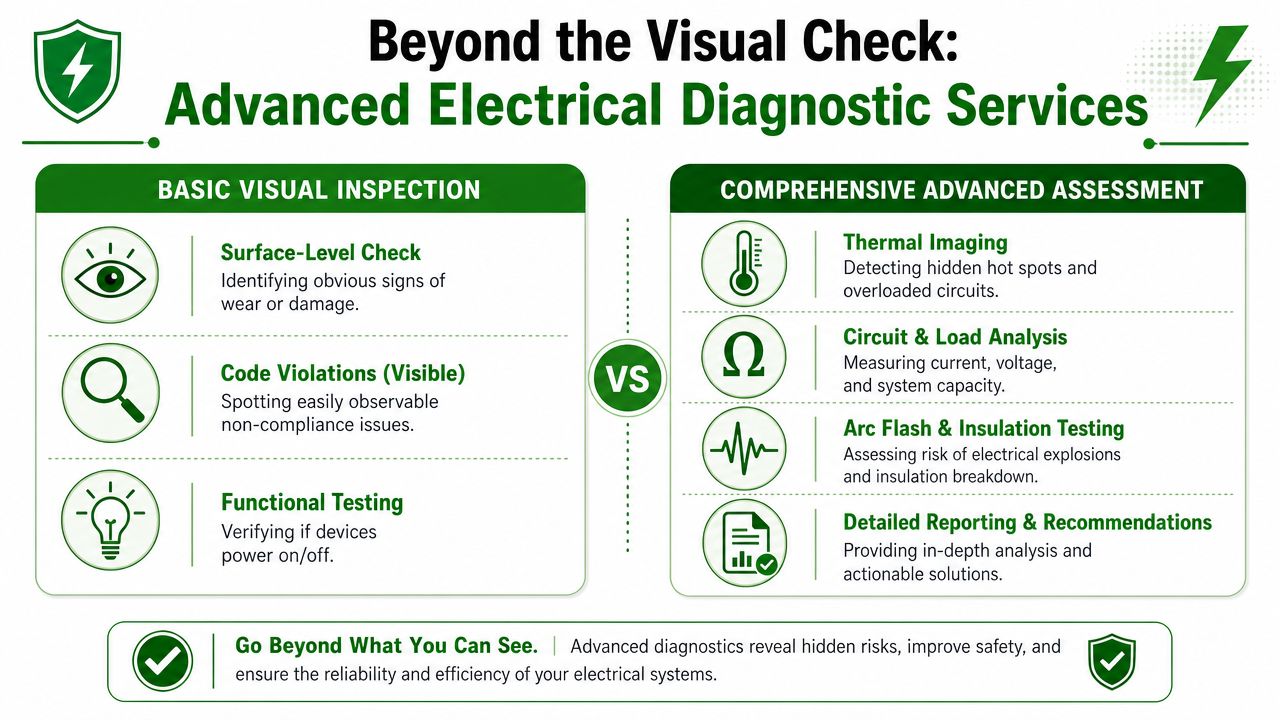 A comparison chart showing the difference between basic visual electrical inspections and comprehensive advanced diagnostic services.