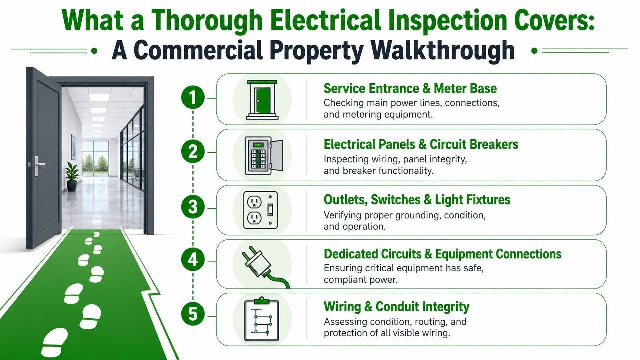 A checklist infographic illustrating the five key areas covered during a thorough commercial property electrical safety inspection.