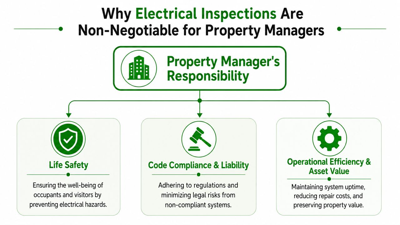 A diagram outlining why property managers must conduct electrical inspections for safety, compliance, and asset maintenance.