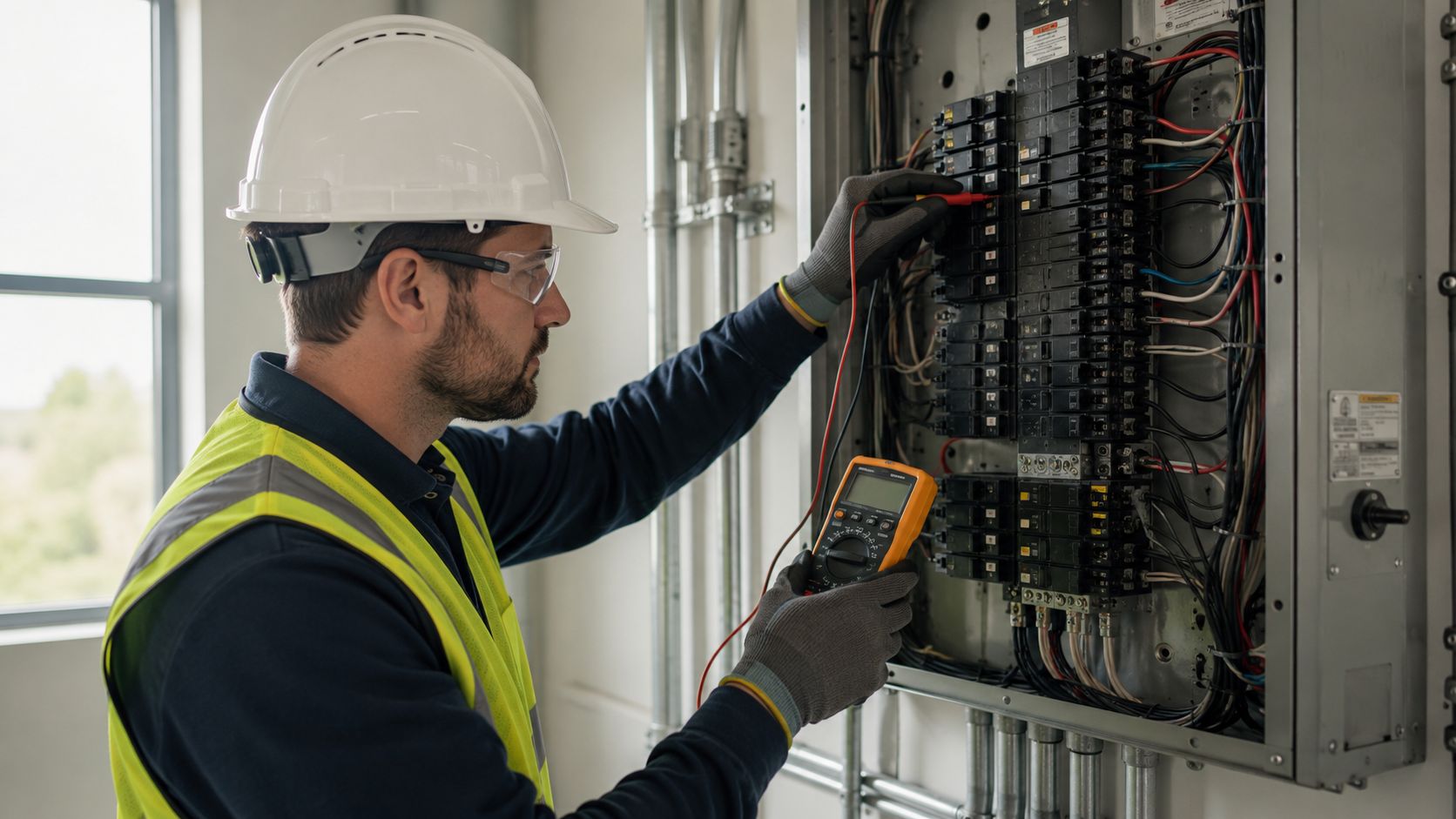 An electrician in safety gear uses a multimeter to troubleshoot circuits in an electrical panel box.