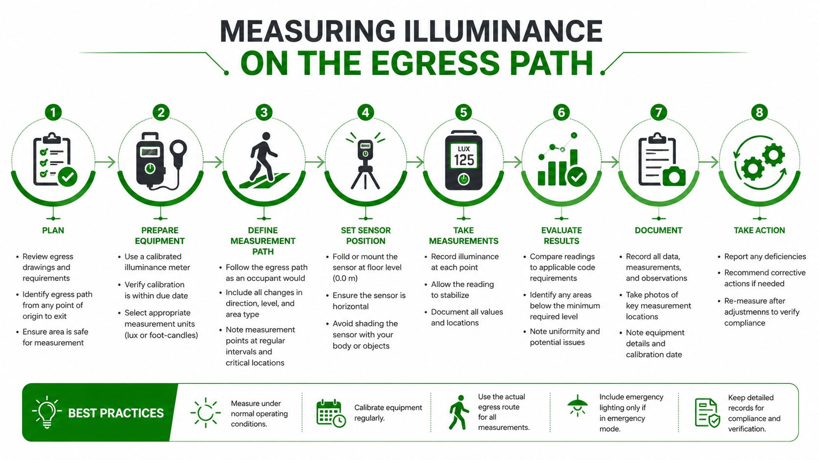 An infographic illustrating an eight-step process for measuring illuminance levels along a building's emergency egress path.
