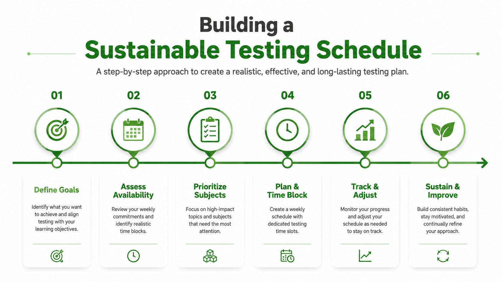 A six-step infographic guide illustrating how to build a sustainable and effective testing schedule for success.