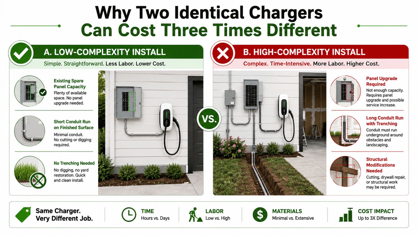 A comparison infographic explaining why the installation cost of an EV charger can vary based on complexity.