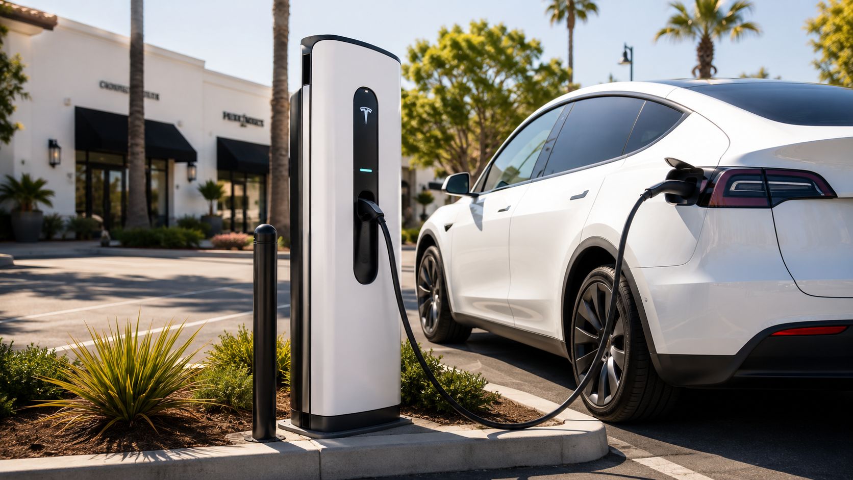 A white Tesla electric vehicle charging at a modern public Supercharger station in a parking lot.