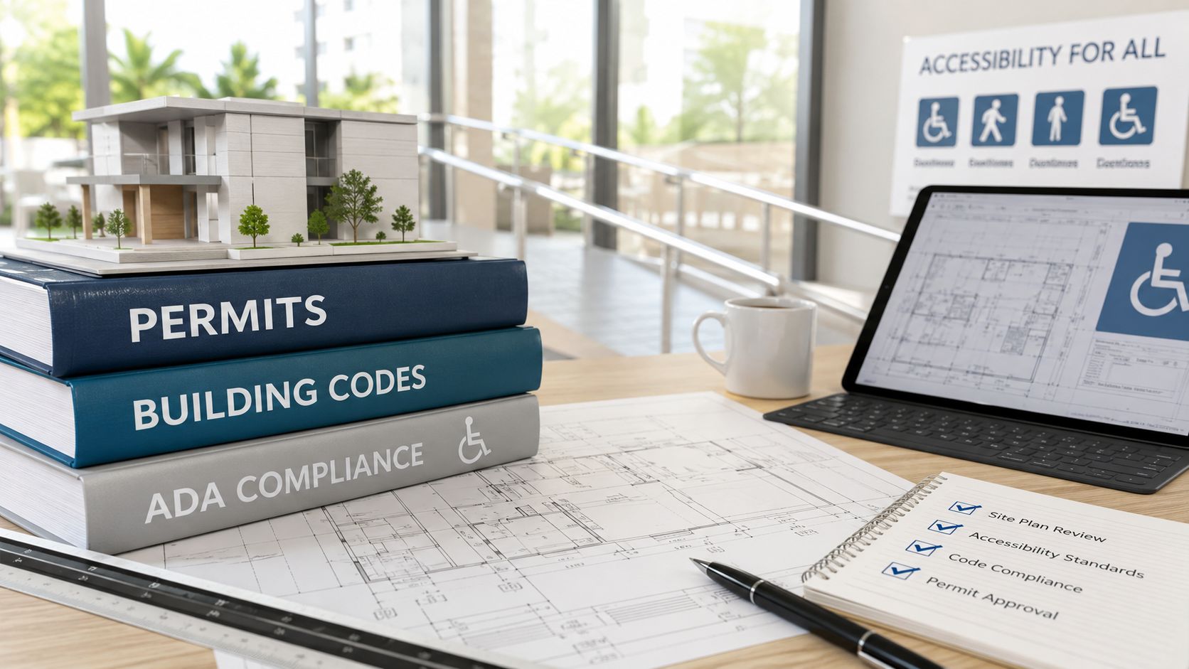 A miniature building model sits on stacked books labeled permits, building codes, and ADA compliance on a desk.