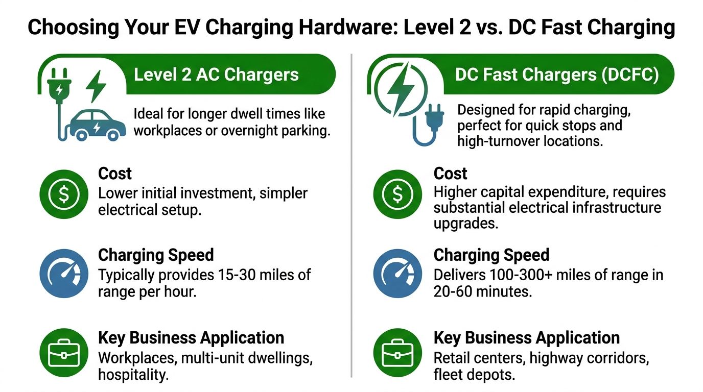 Comparison infographic between Level 2 AC chargers and DC fast chargers for electric vehicle charging infrastructure.