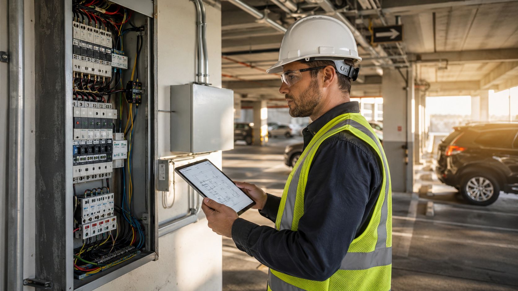 A professional electrician in a hard hat and safety vest checking electrical diagrams on a tablet near wiring.