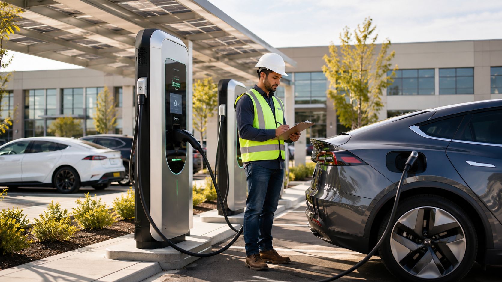 A professional technician wearing a hard hat and high visibility vest inspects electric vehicle charging points.