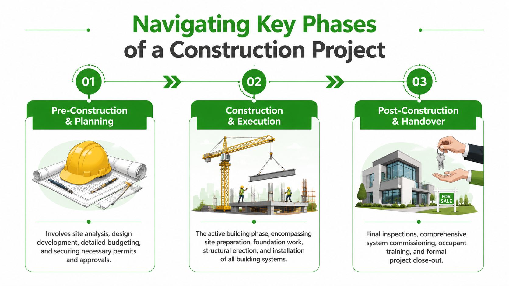 A graphic diagram outlining the three primary phases of a construction project from planning to final handover.