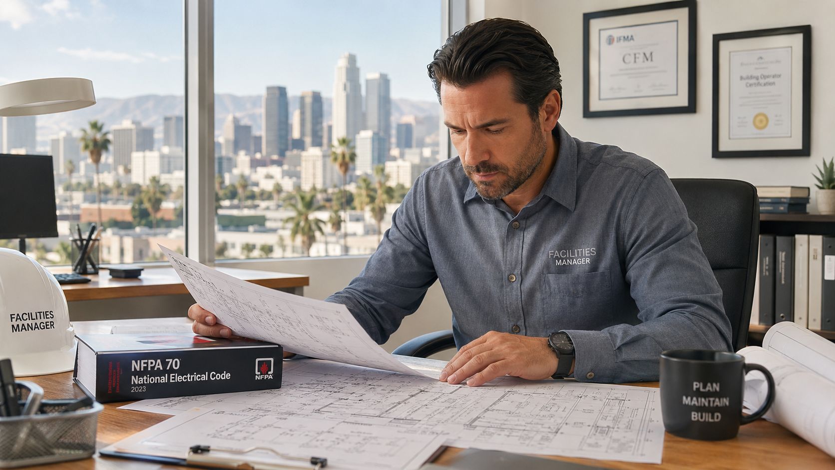 A professional facilities manager reviewing technical building blueprints in a modern office with a city view.