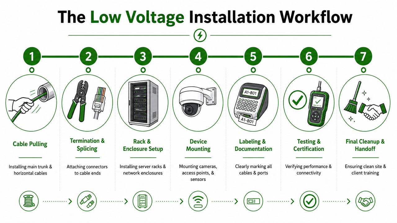 A diagram illustrating the seven-step workflow for professional low voltage cabling and network system installations.
