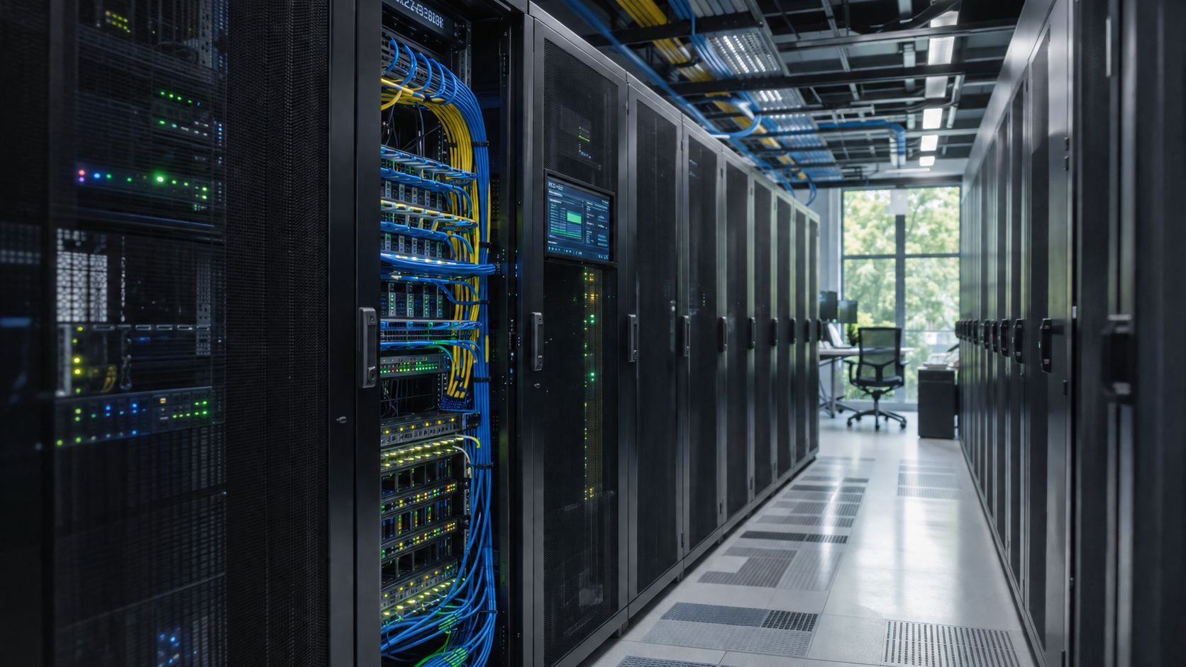 Rows of black server racks in a modern data center with blue and yellow network cabling installation.