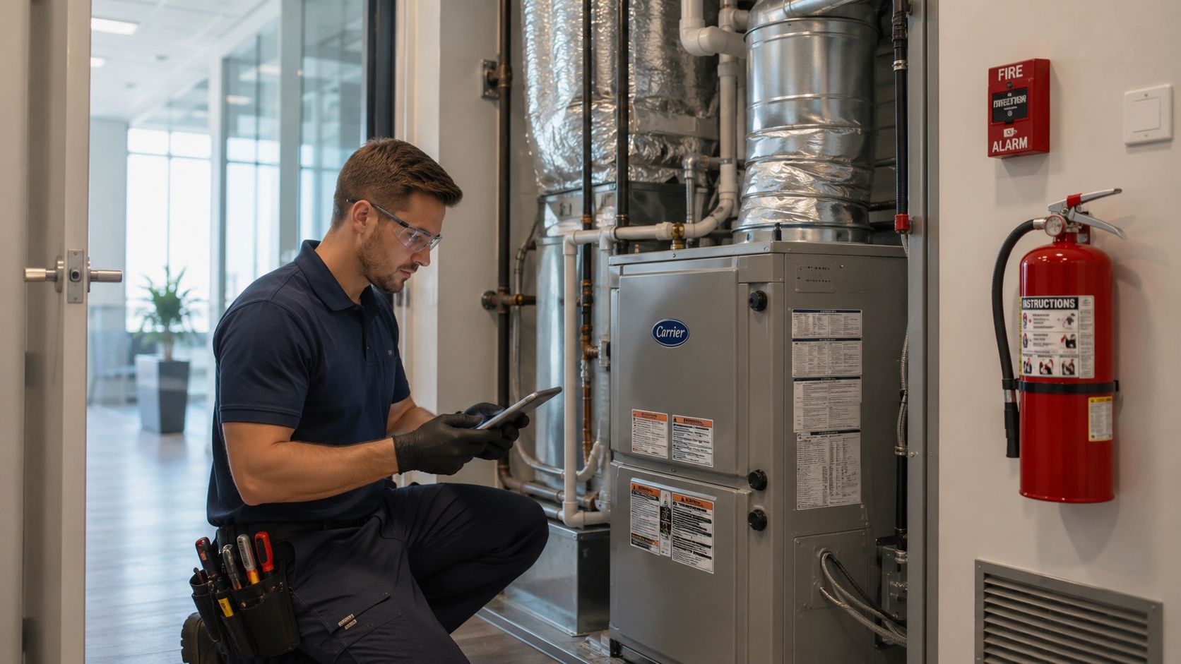 A professional technician wearing safety glasses and gloves checking a furnace unit with a tablet.