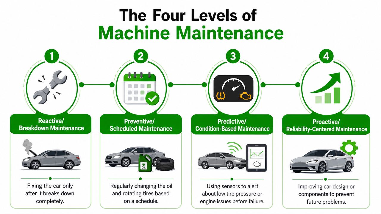 An infographic illustrating the four levels of machine maintenance, ranging from reactive to proactive maintenance approaches.