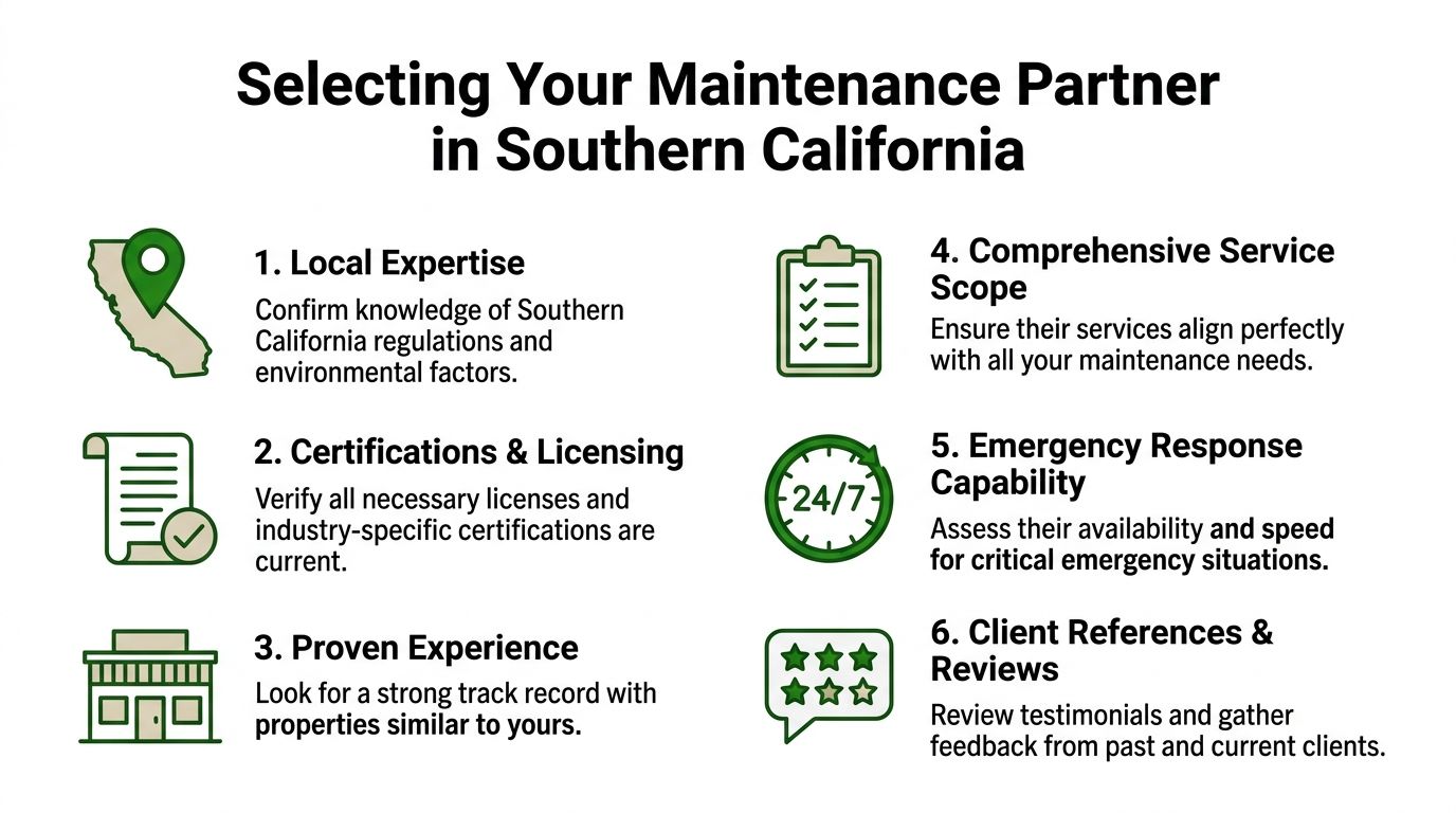A helpful infographic showing six key factors for choosing a reliable property maintenance partner in Southern California.