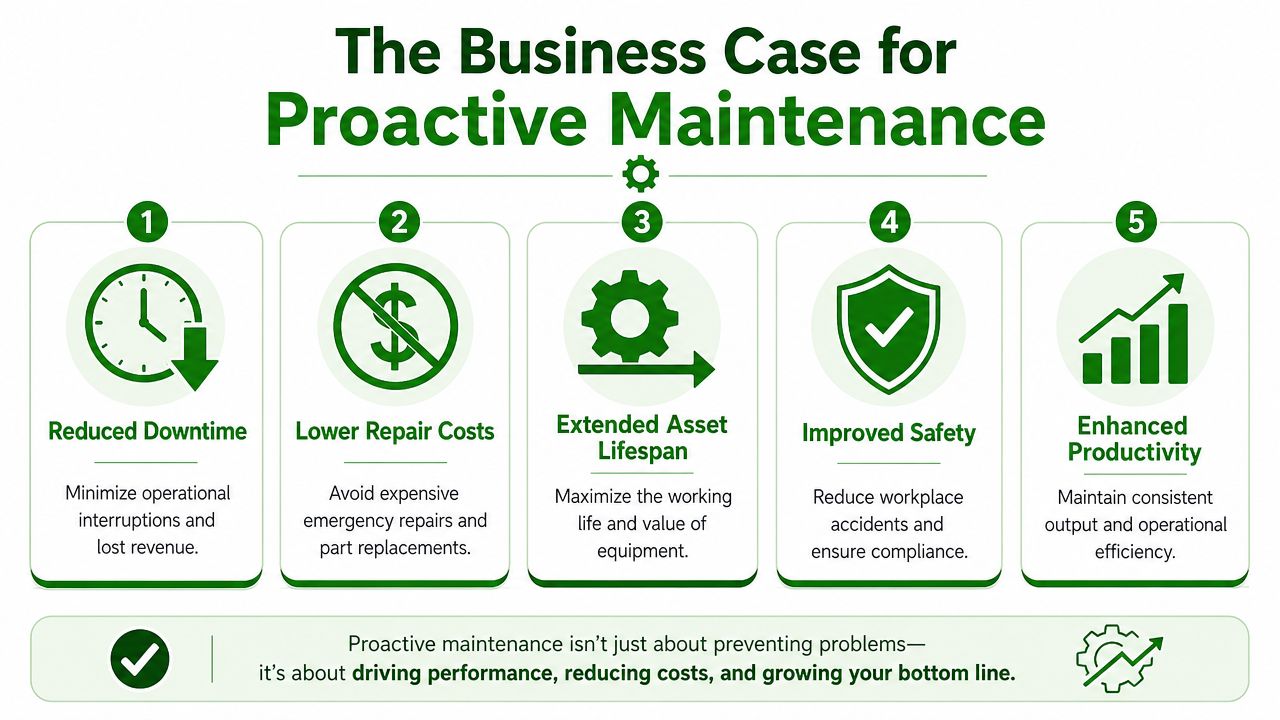 An infographic showing five key business benefits of implementing a proactive maintenance strategy for industrial equipment.