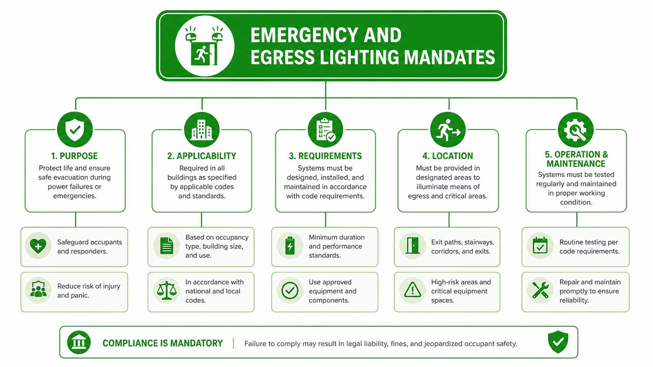 A flowchart detailing five key mandates for emergency and egress lighting compliance in commercial building safety.