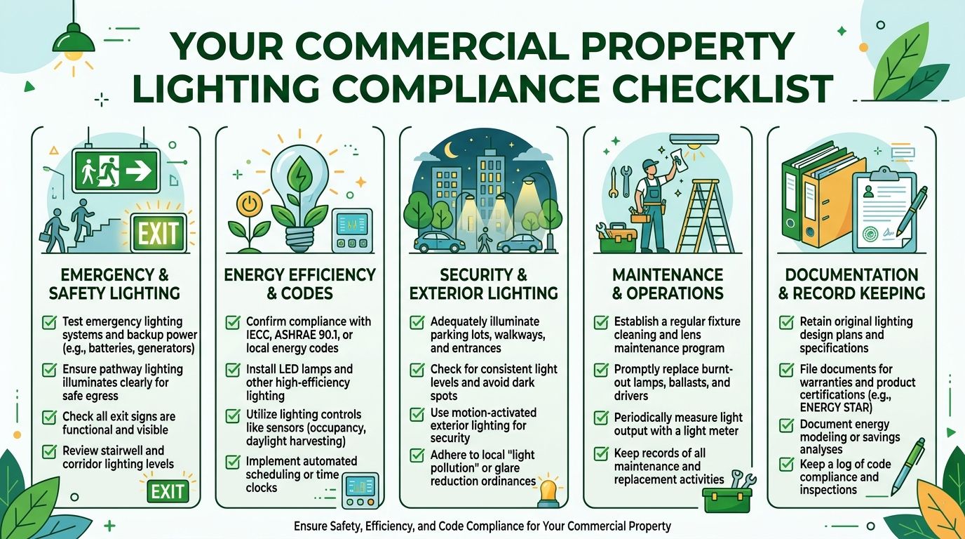 A comprehensive infographic checklist titled Your Commercial Property Lighting Compliance Checklist covering safety, energy codes, and maintenance.