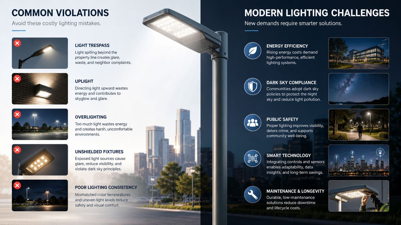 An infographic detailing common lighting violations and modern lighting challenges with explanatory images and text.