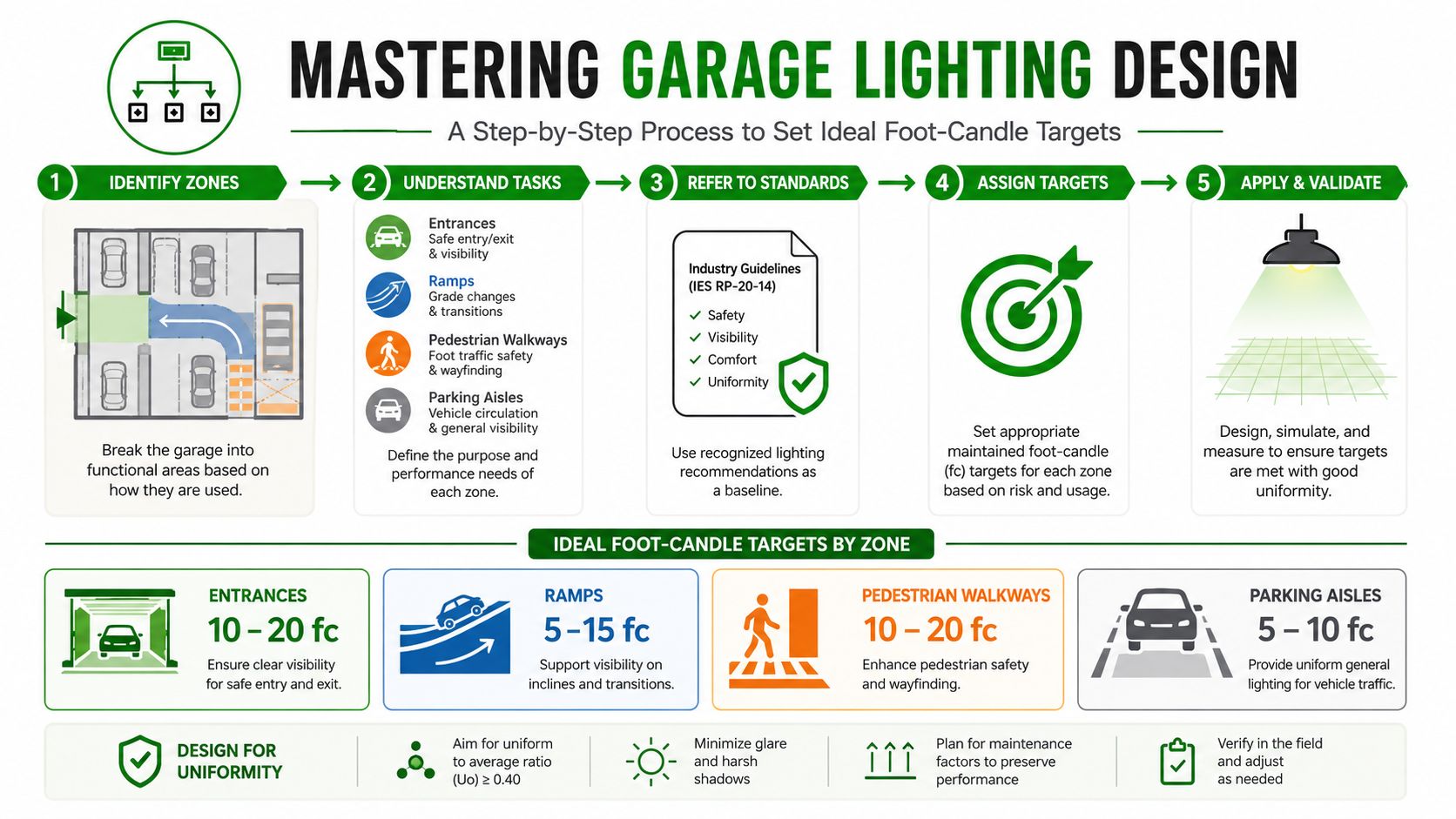 An infographic detailing a five-step process and ideal foot-candle standards for designing effective parking garage lighting.