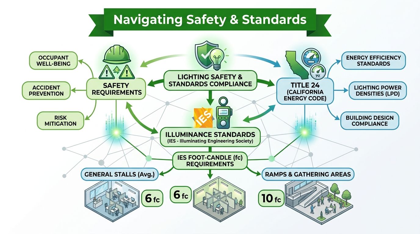 A diagram illustrating safety standards, Title 24 energy codes, and illuminance requirements for parking garage lighting.