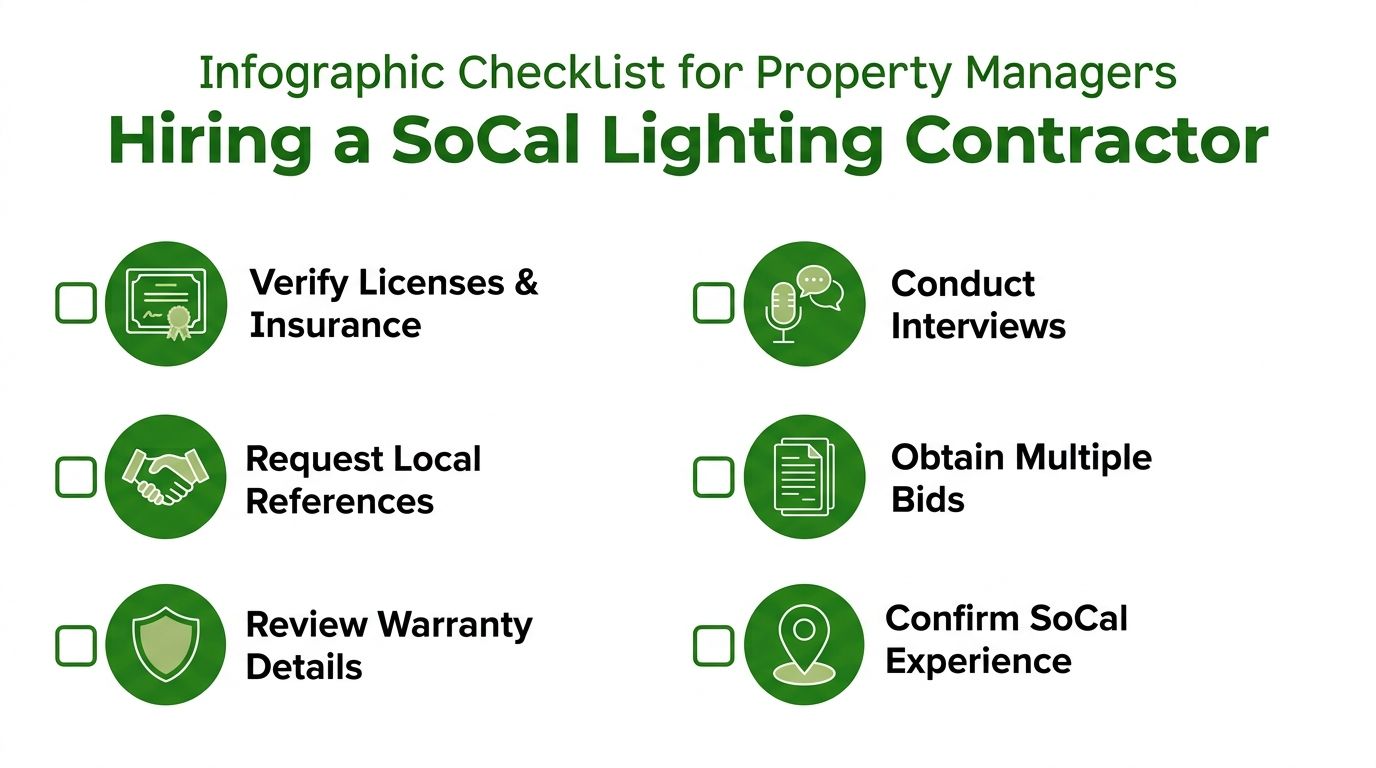 A checklist infographic for property managers on how to select a professional SoCal lighting contractor for their projects.