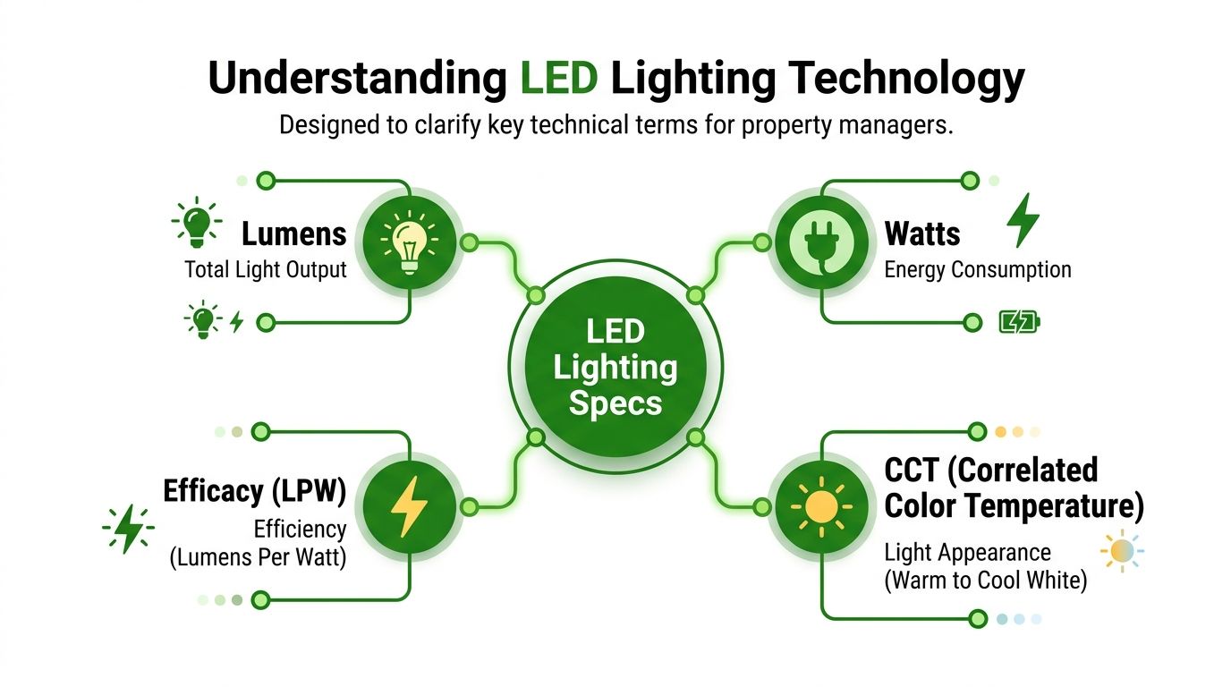 An infographic titled Understanding LED Lighting Technology, explaining key terms like Lumens, Watts, Efficacy, and CCT for managers.