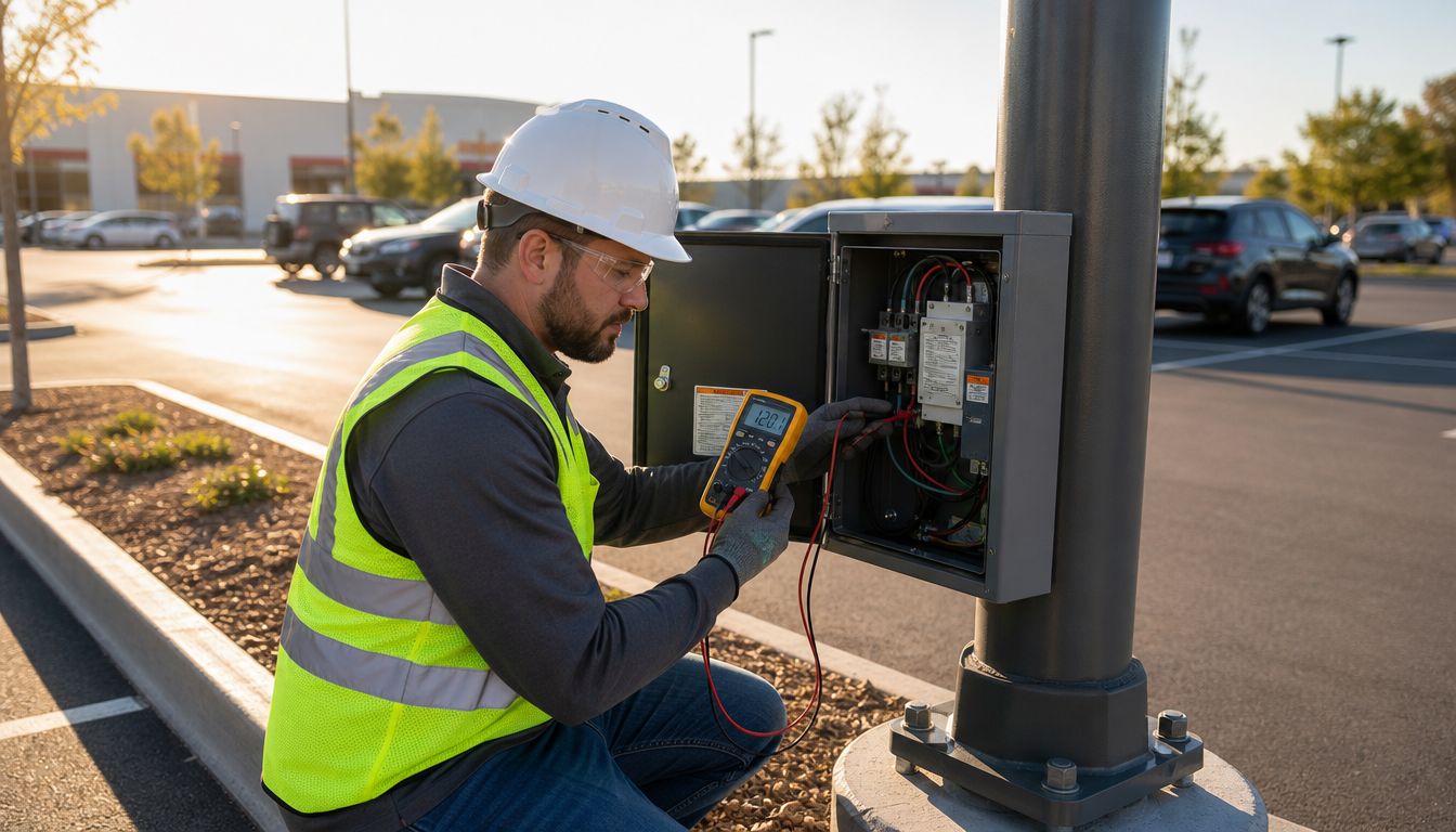 An electrician in a safety vest and hard hat measuring electrical current in a parking lot lighting cabinet.