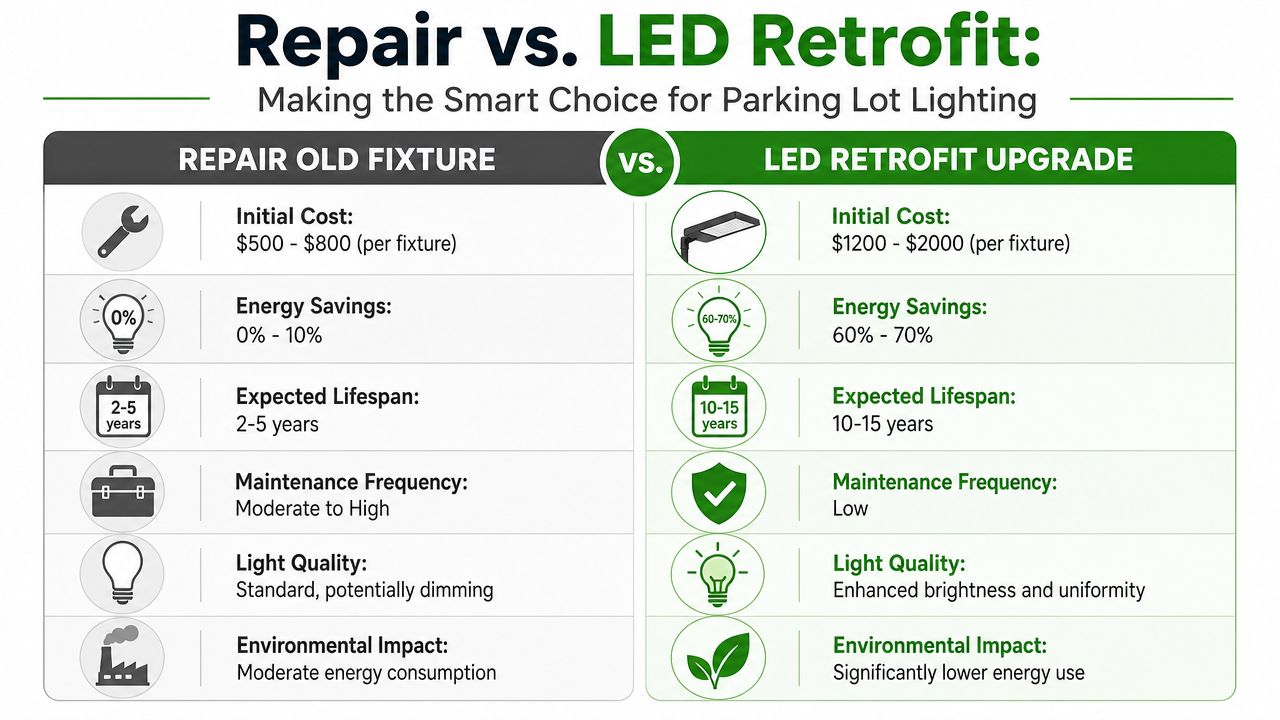 A comparison chart showing the differences between repairing old parking lot lights versus installing new LED retrofits.