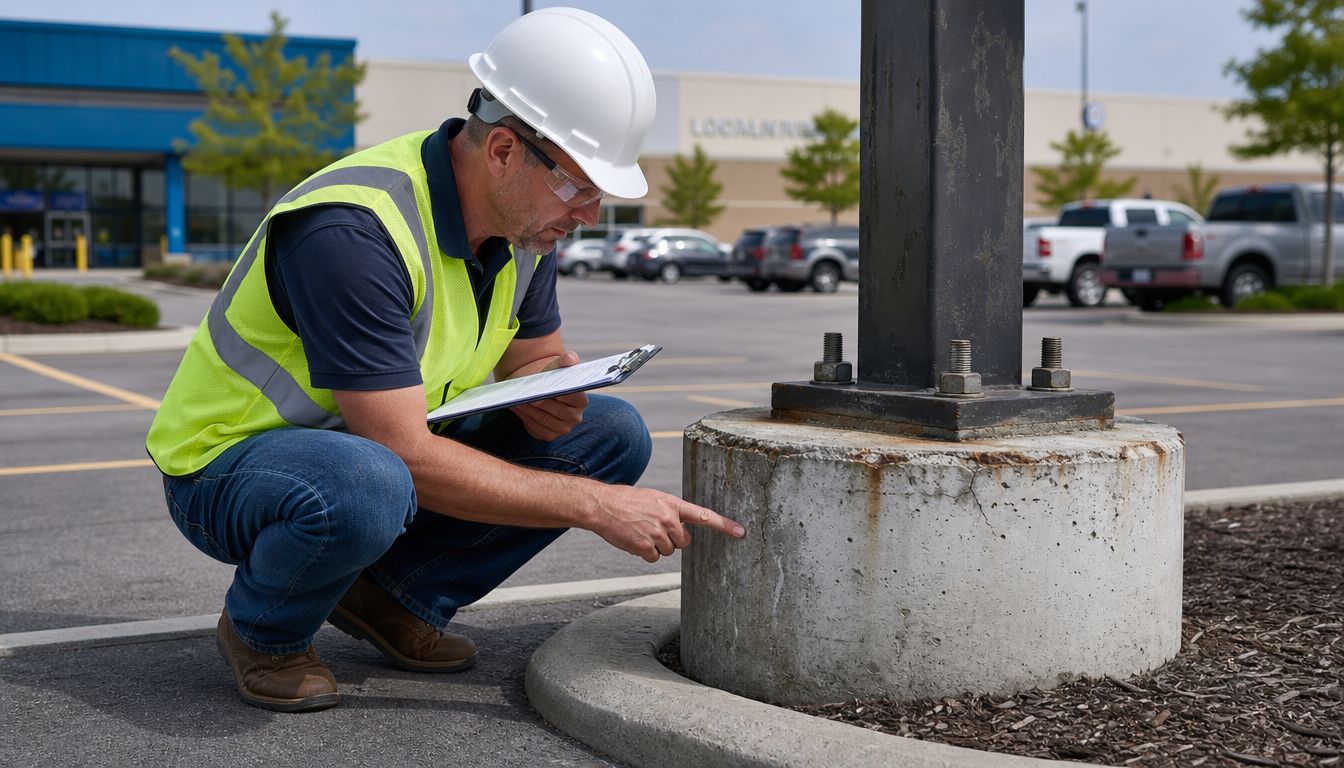 A professional inspector in a hard hat and safety vest examines a damaged concrete parking lot light pole.