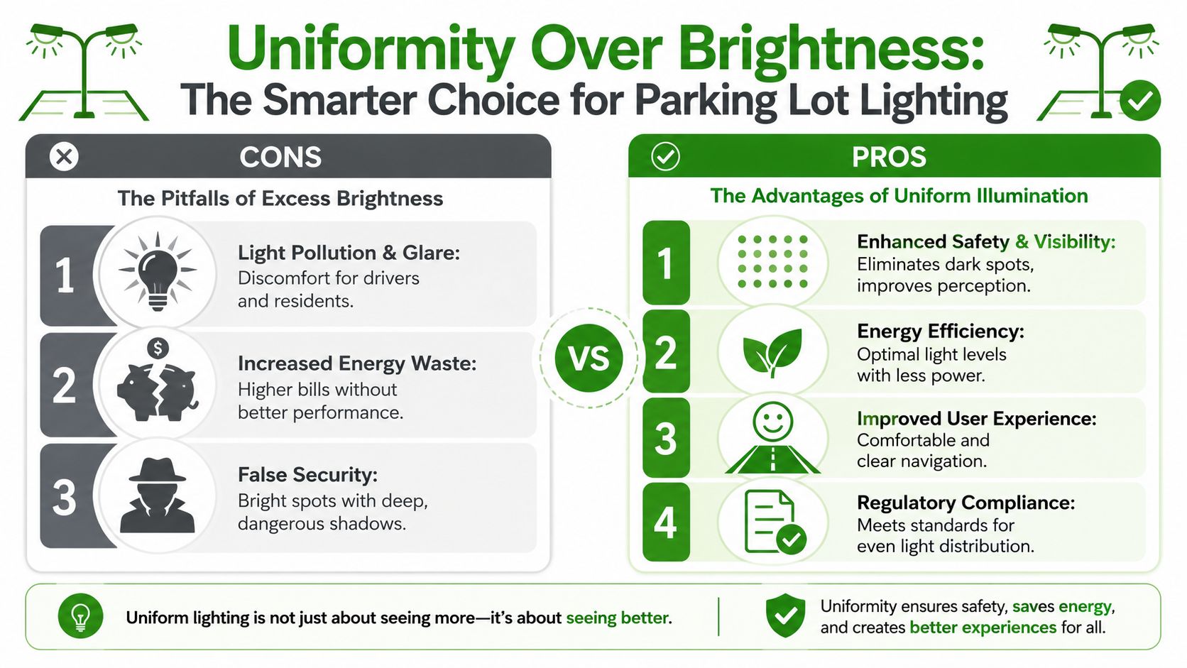 An infographic comparing the cons of excessive brightness versus the pros of uniform parking lot lighting.