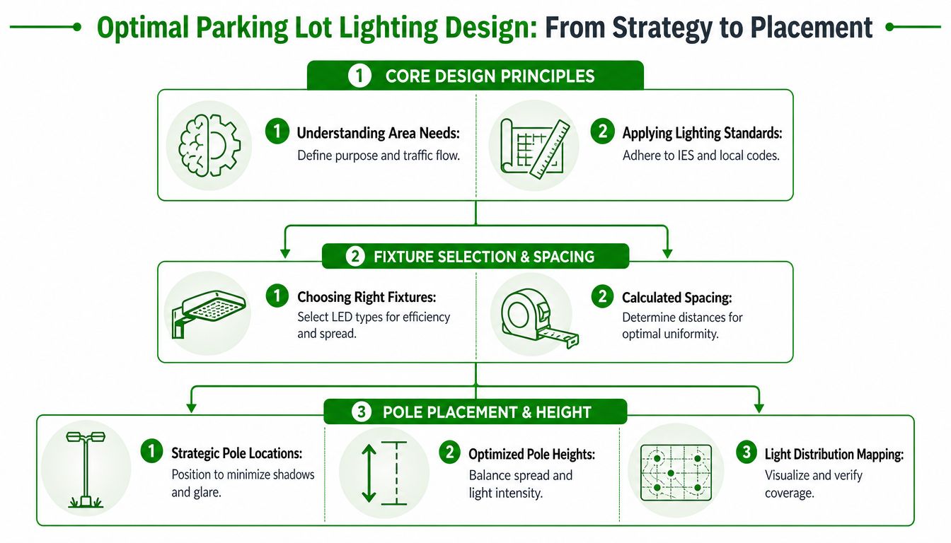 An infographic titled Optimal Parking Lot Lighting Design outlining strategies from initial planning to final pole placement.