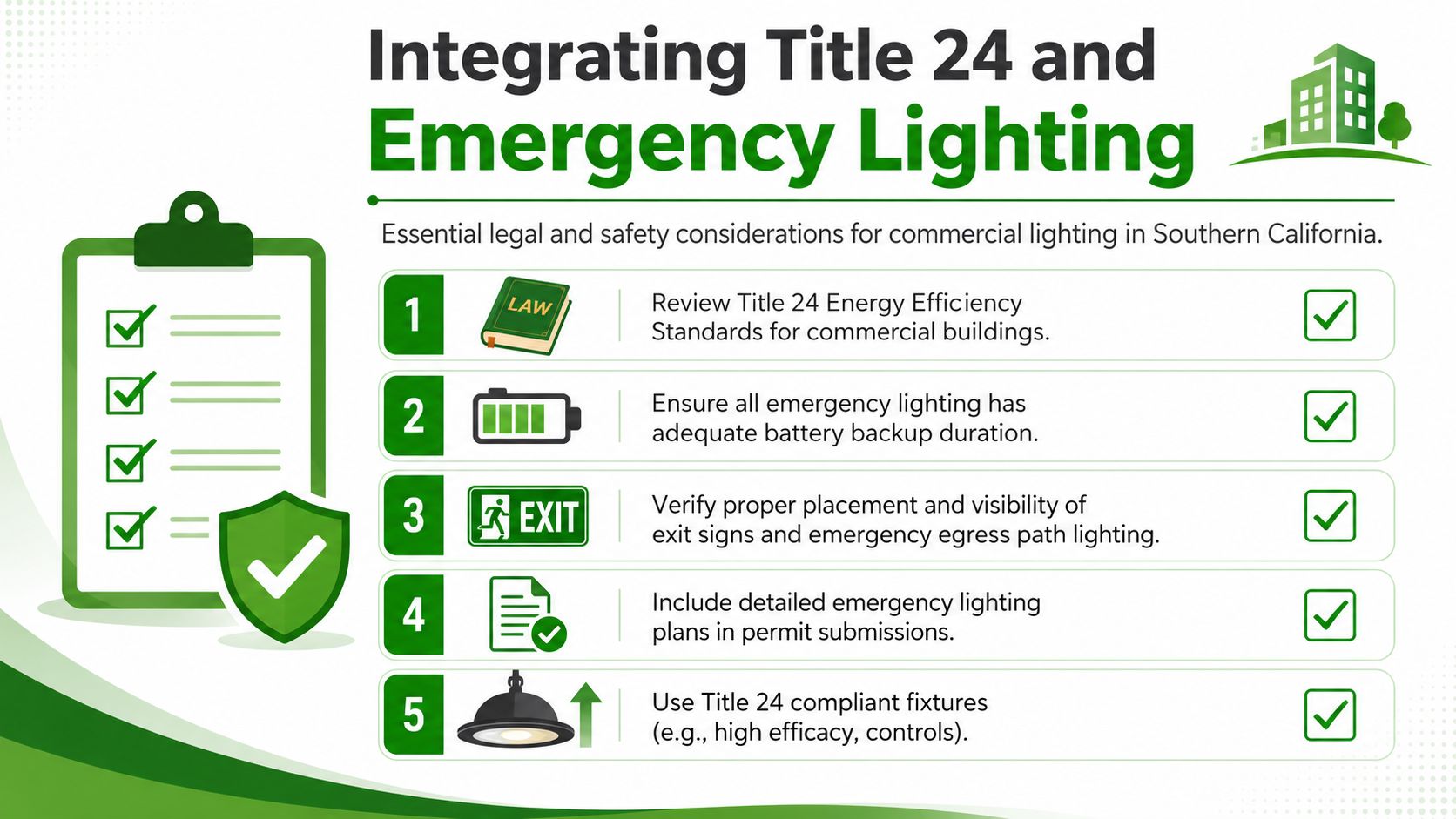 A checklist infographic outlining five essential legal and safety steps for commercial lighting under Title 24 compliance.