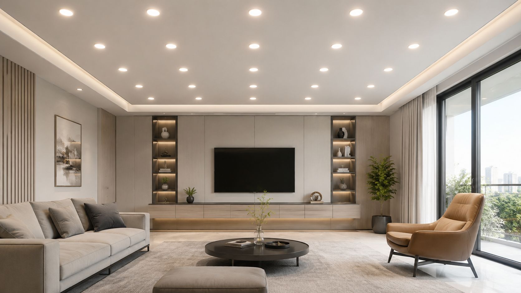A modern, minimalist living room featuring a wall-mounted TV, recessed lighting, and a beige color palette.