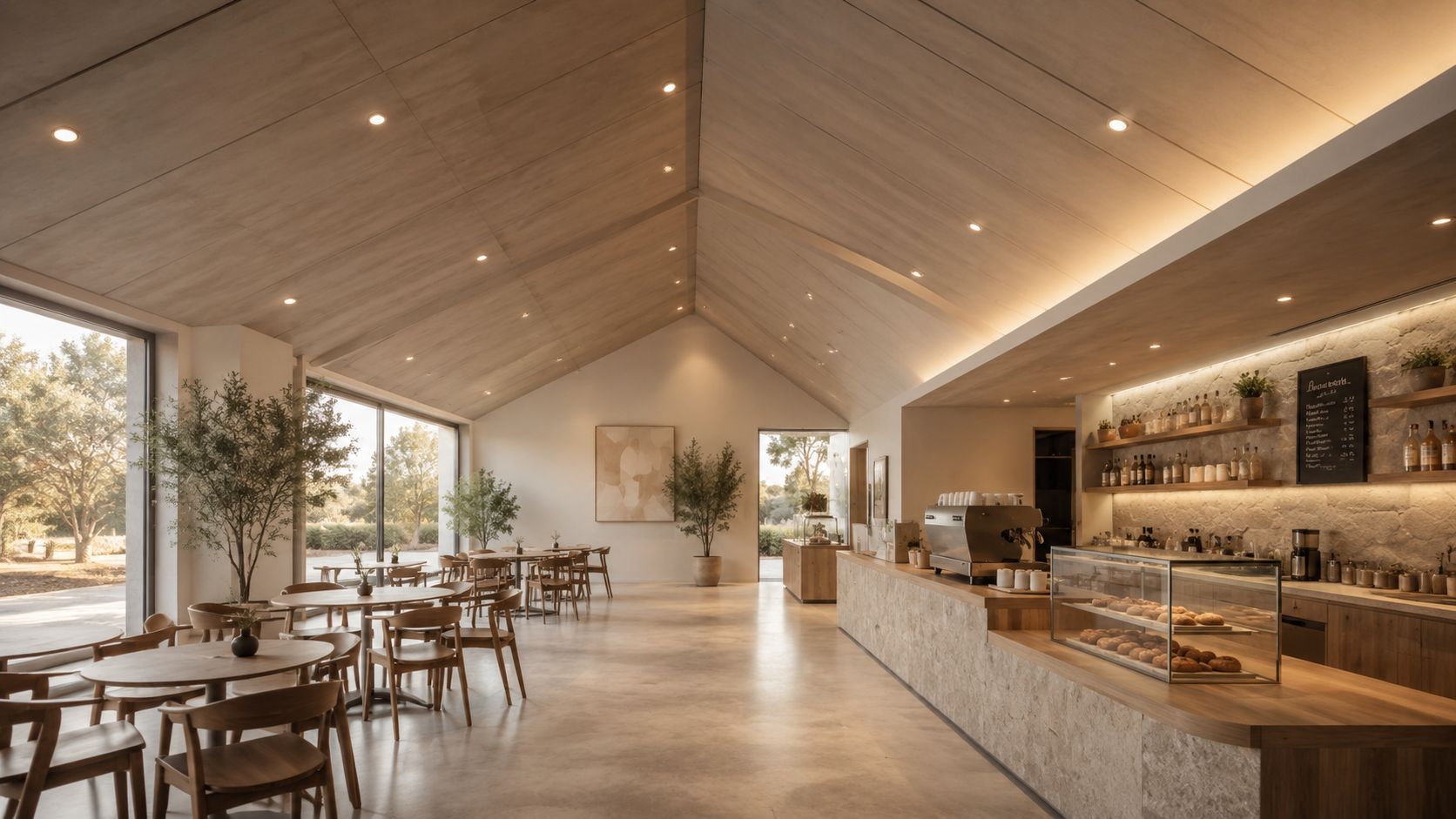 A minimalist modern cafe featuring a high vaulted wooden ceiling, ambient recessed lighting, and wooden furniture.